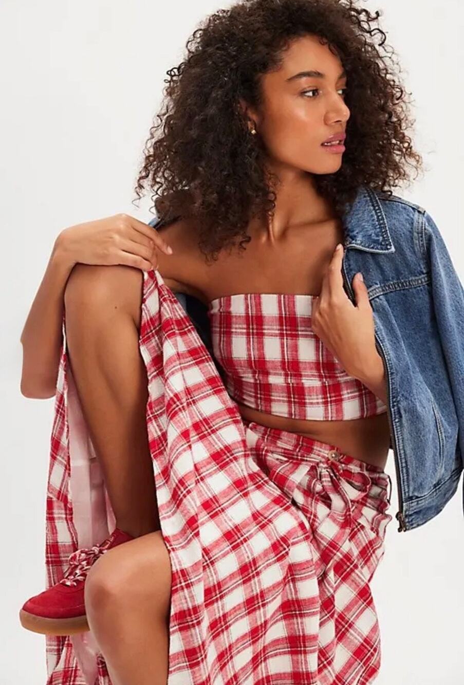 Free People Red Plaid Red Patter Belted Lined 2 Piece Set, (L)